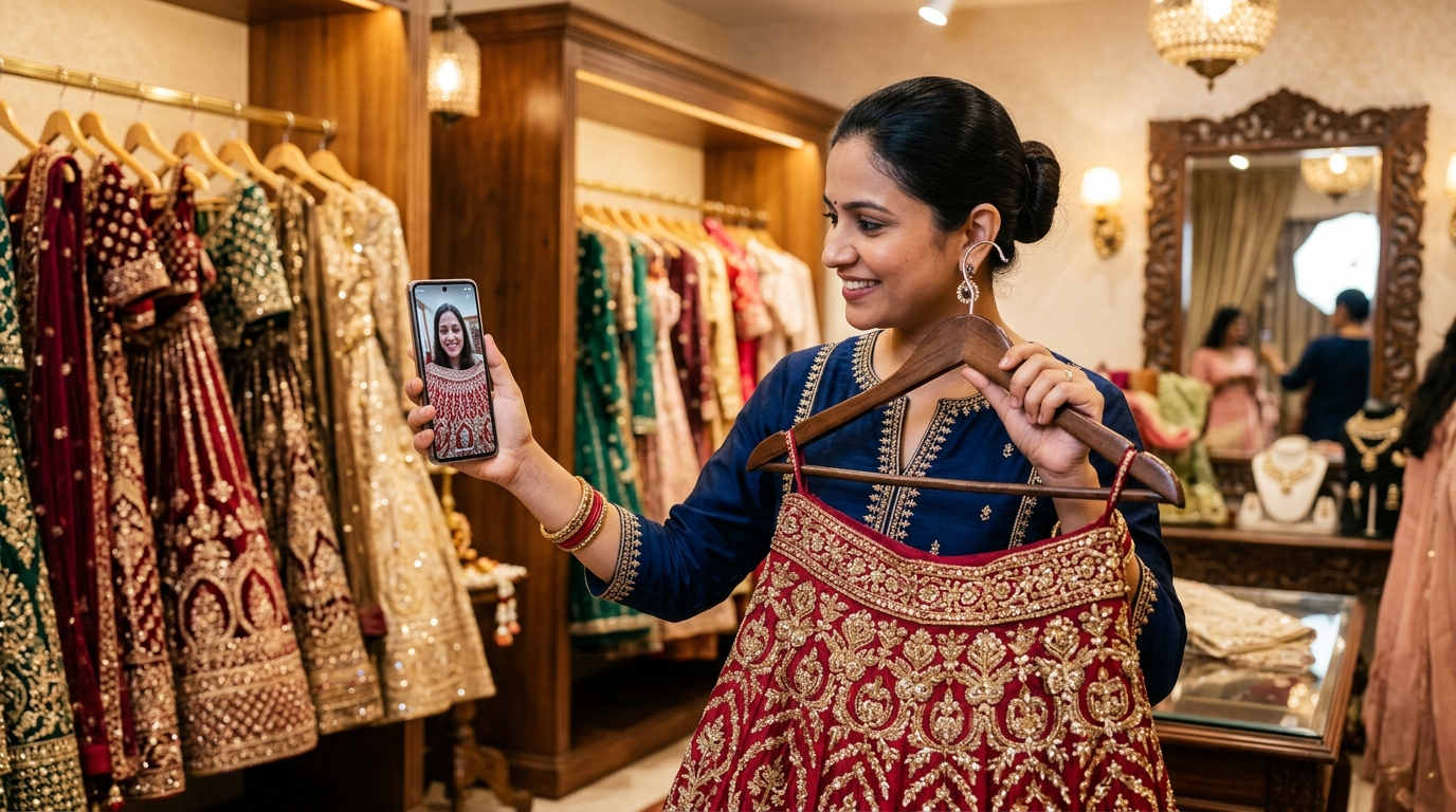 Personal shopper on a live video call showing bridal lehengas in-store