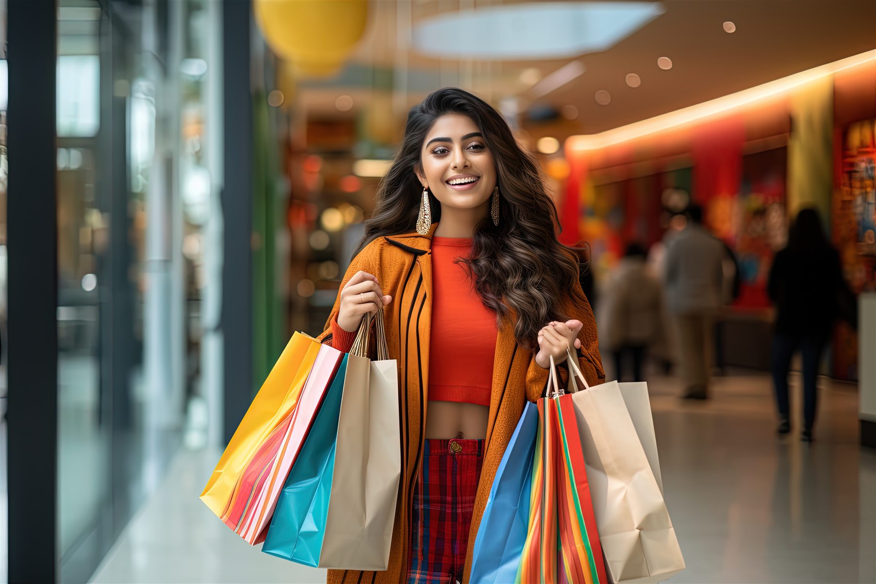 A personal shopper carrying shopping bags inside a retail destination