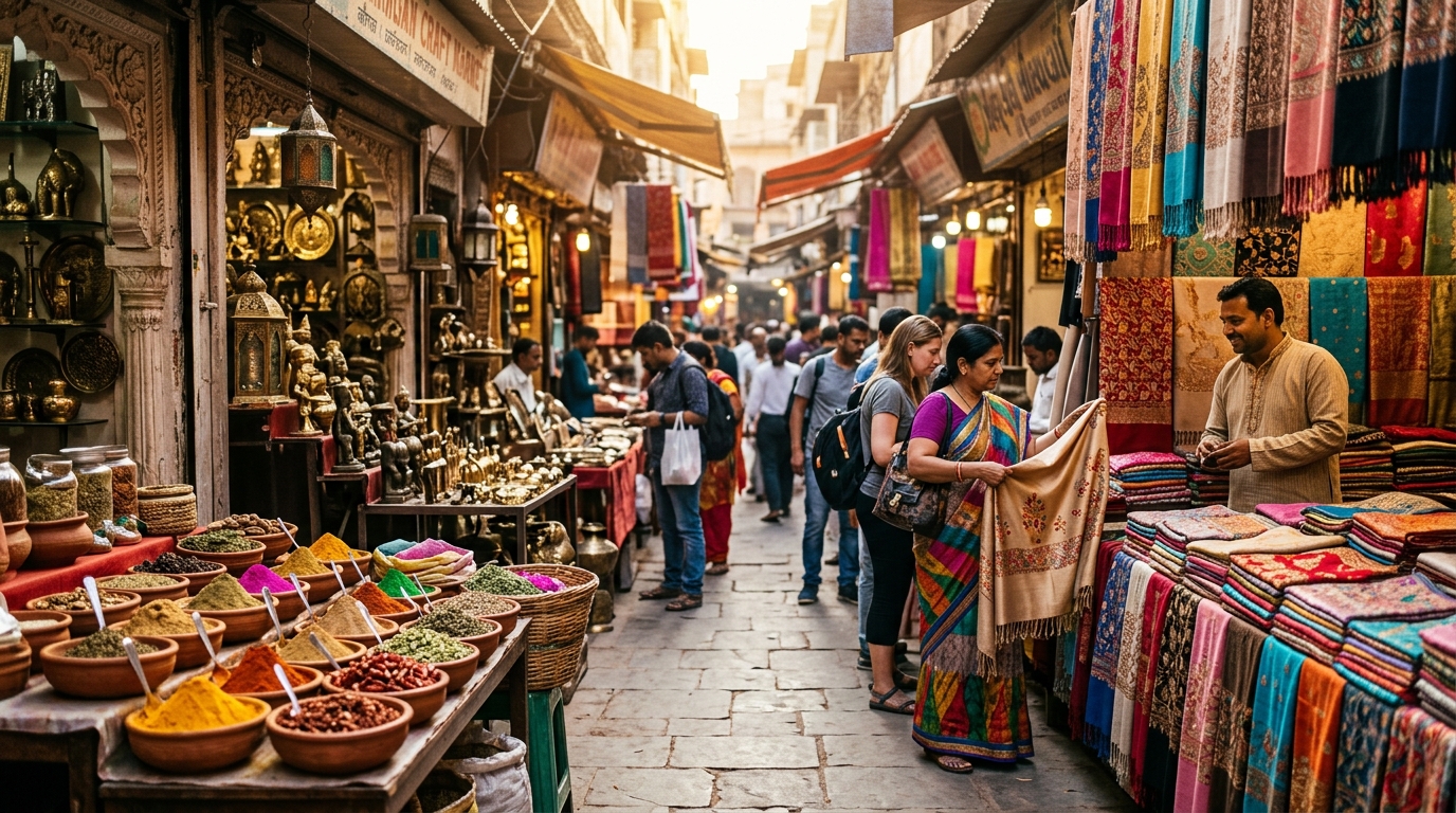 Artisan textiles and crafts in a vibrant Indian bazaar