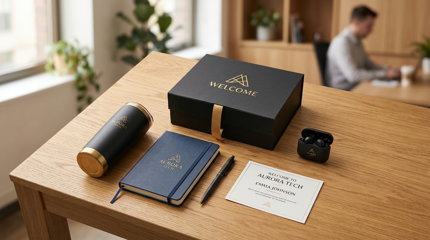 Employee welcome merchandise and onboarding kit curation