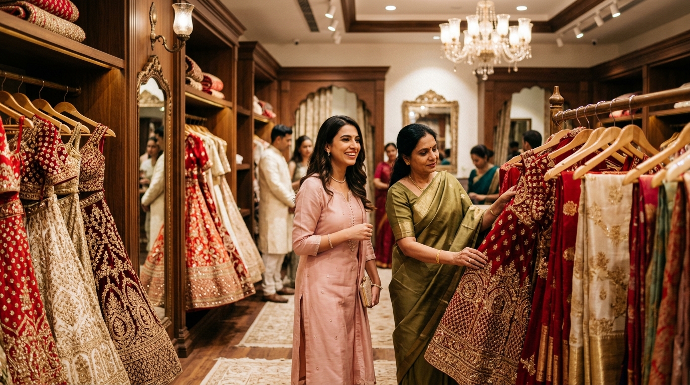 Luxury bridal couture and wedding shopping in an Indian boutique